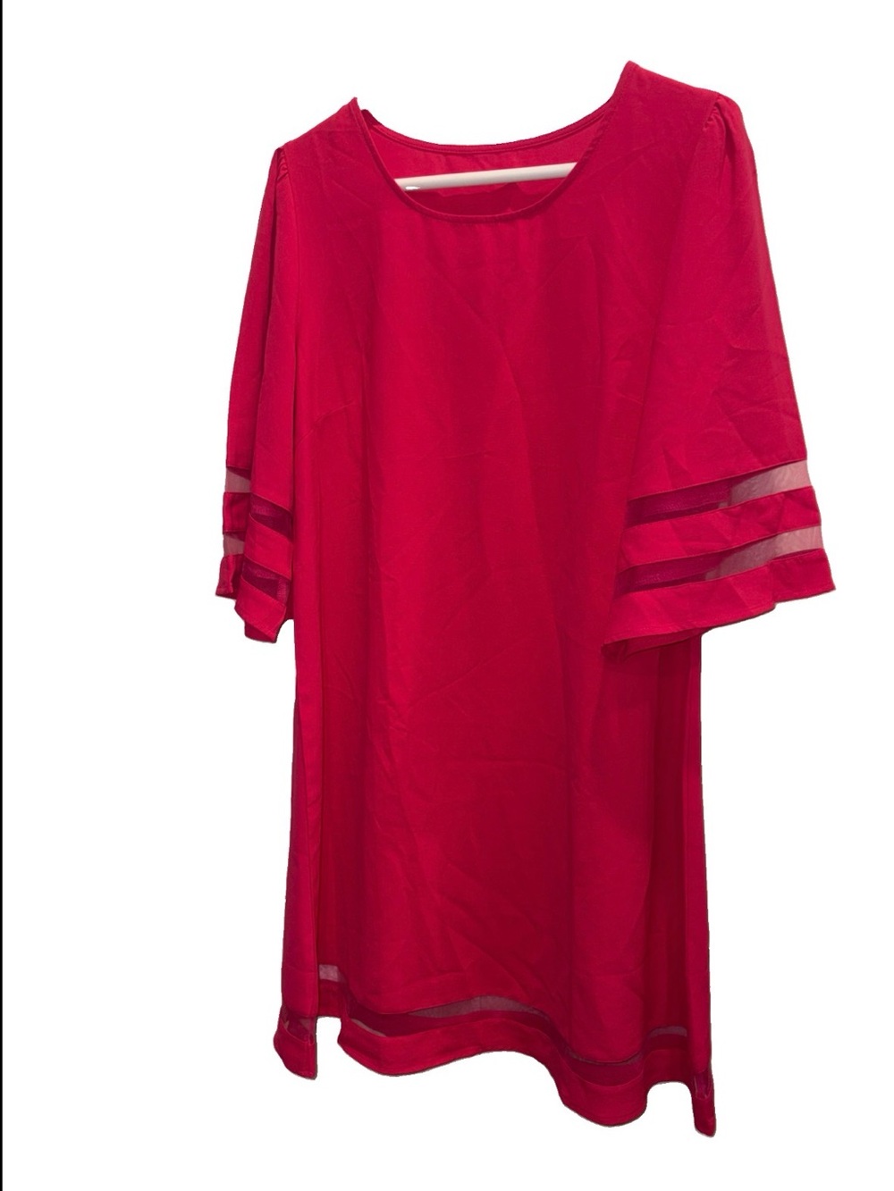 Hot Pink Loose Fit Shift Dress With Sheer Mesh Stripes At Hem/sleeves Size Large